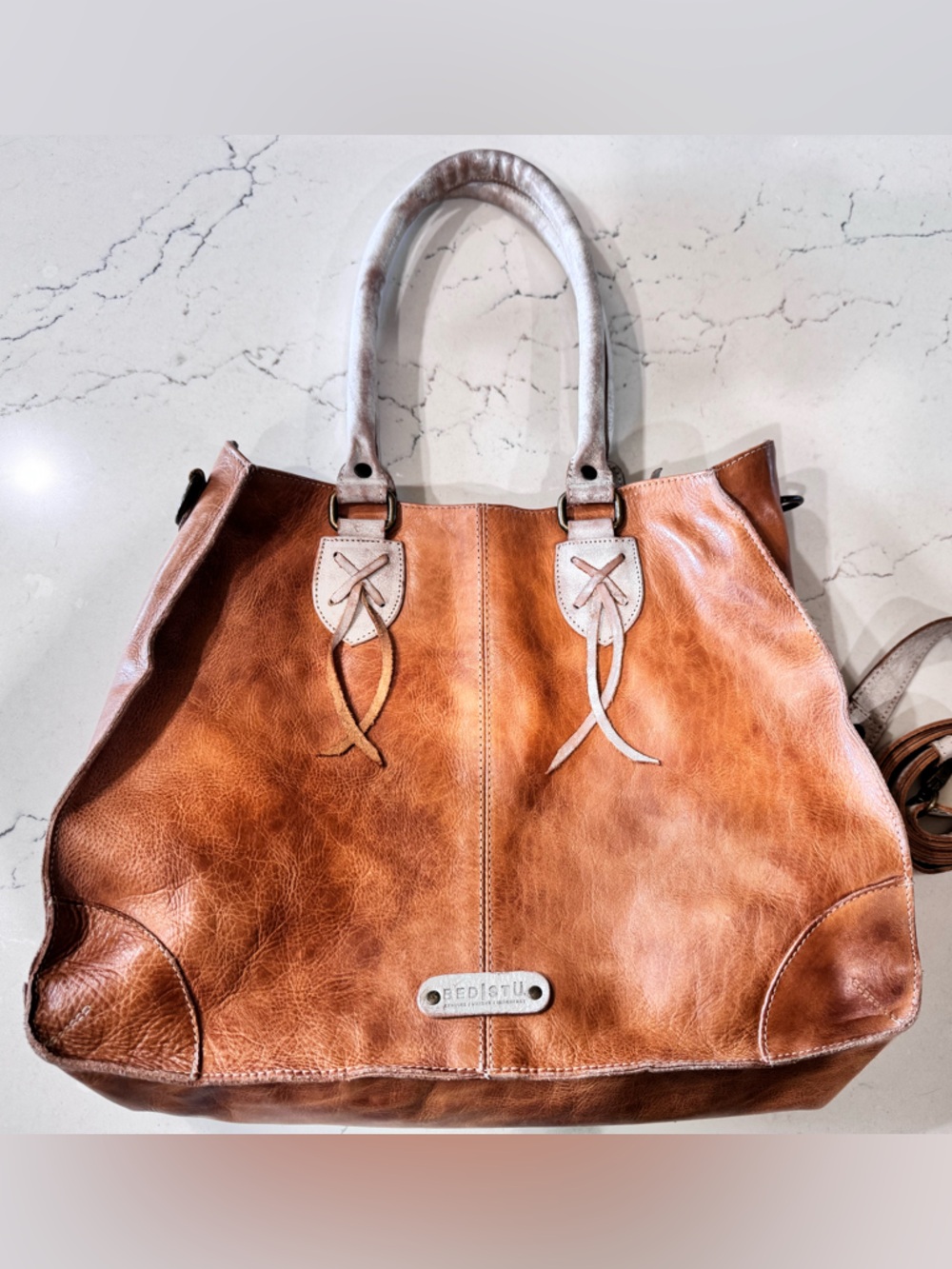 Bed Stu Two-Tone Tan & Cream Leather Crossbody Tote - Picture 4 of 6